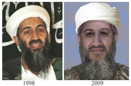 أسامة بن لادن في صورة أرشيفية ملتقطة في عام 1998 (الى اليسار) بجانب صورة افتراضية معدلة رقميا لتأخذ في الاعتبار مظاهر مفترضة لتقدم العمر وزعتها وزارة الخارجية الامريكية في 16 مايو ايار
